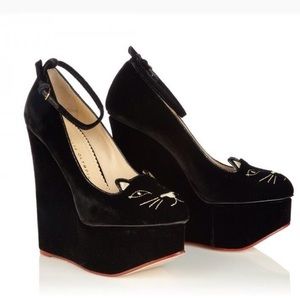 Charlotte Olympia Tessa Black Velvet Cat Wedge